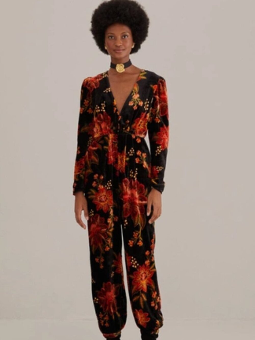 FARM Rio Black Winter Bloom V-Neck Velvet Jumpsuit